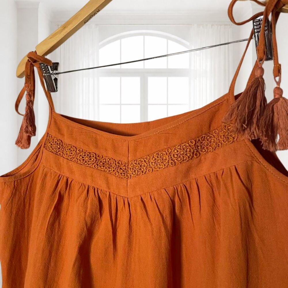 Rust Orange Boho Dress XL Crochet Detail Tassel Tie Straps Ruffle Hem - Picture 4 of 9